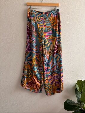 Haute Hippie Colorful Leaf Print Tropical Wide Leg Pull On Palazzo Pants Size M